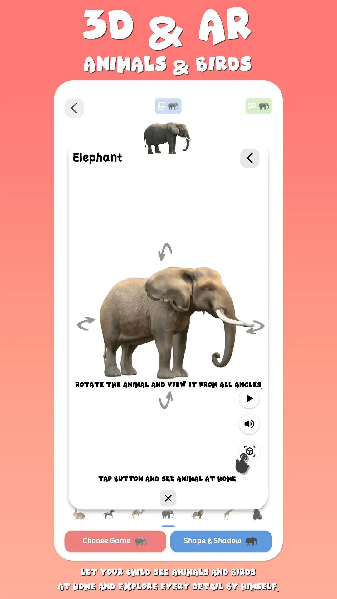My Words App Screenshot - Interactive realistic animal and birds 3D models and augmented reality (AR) for toddlers and kids